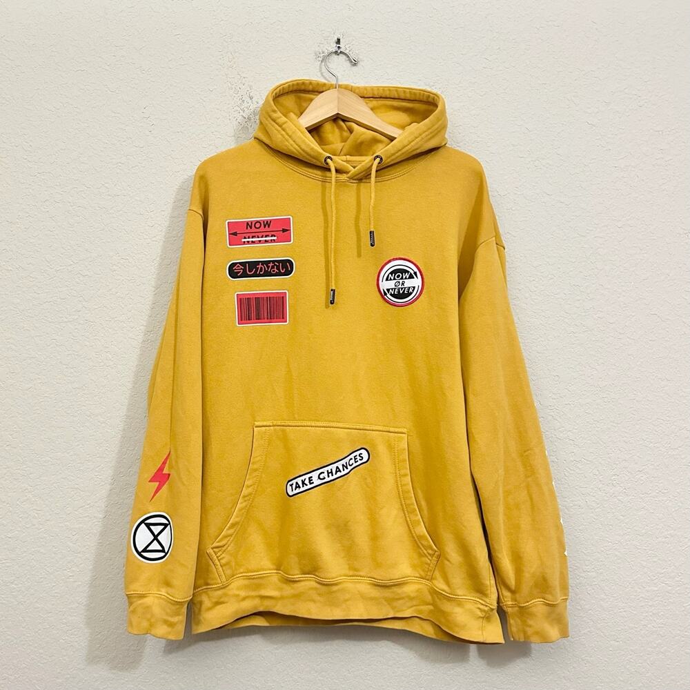COLBY BROCK Now or Never Hoodie Mustard Yellow Patch Pullover Sweatshirt